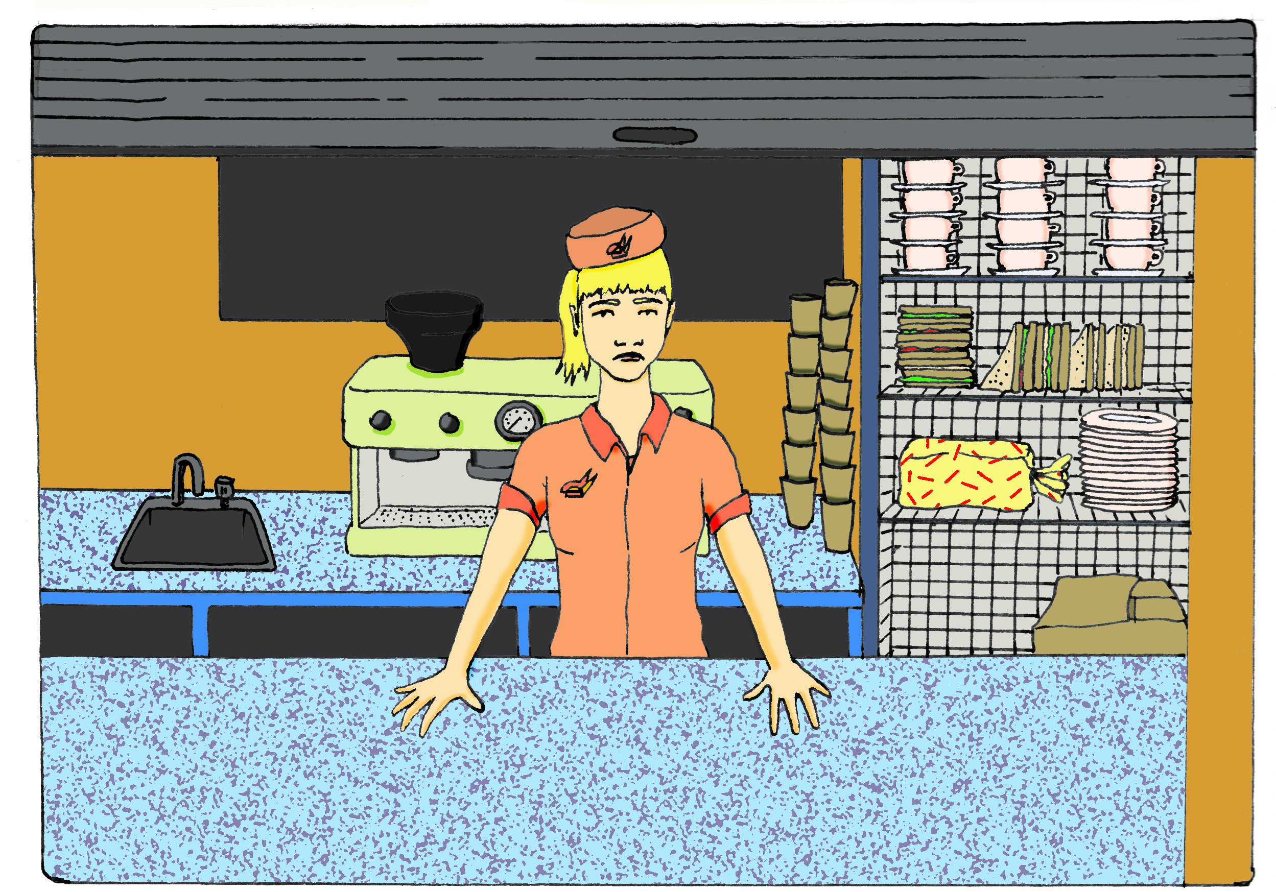 comic drawing of a woman behind a train bar